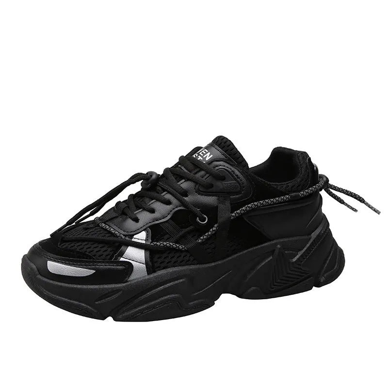 Men's white Korean style platform sneakers with lace-up front on a neutral background.