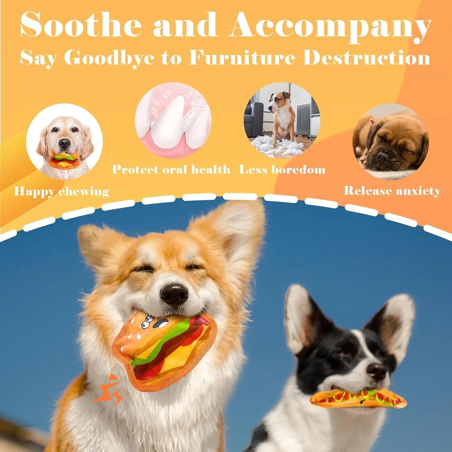 Food shaped dog chew toys with crinkle and squeak sounds including hamburger, pizza, hot dog and fries designs