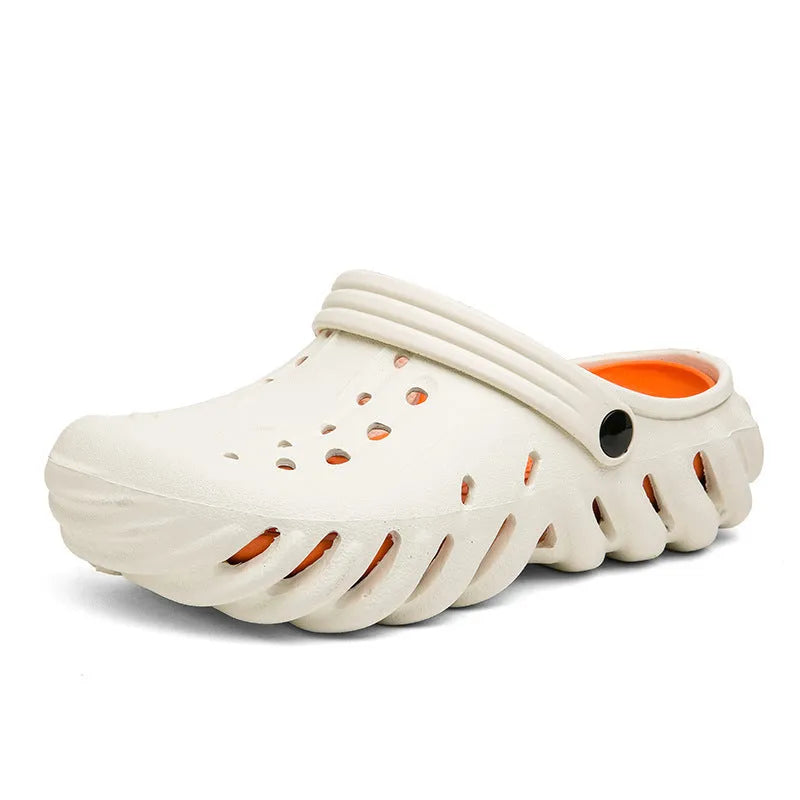 Men's beige outdoor slipper sandals with hole design and non-slip sole on grey background