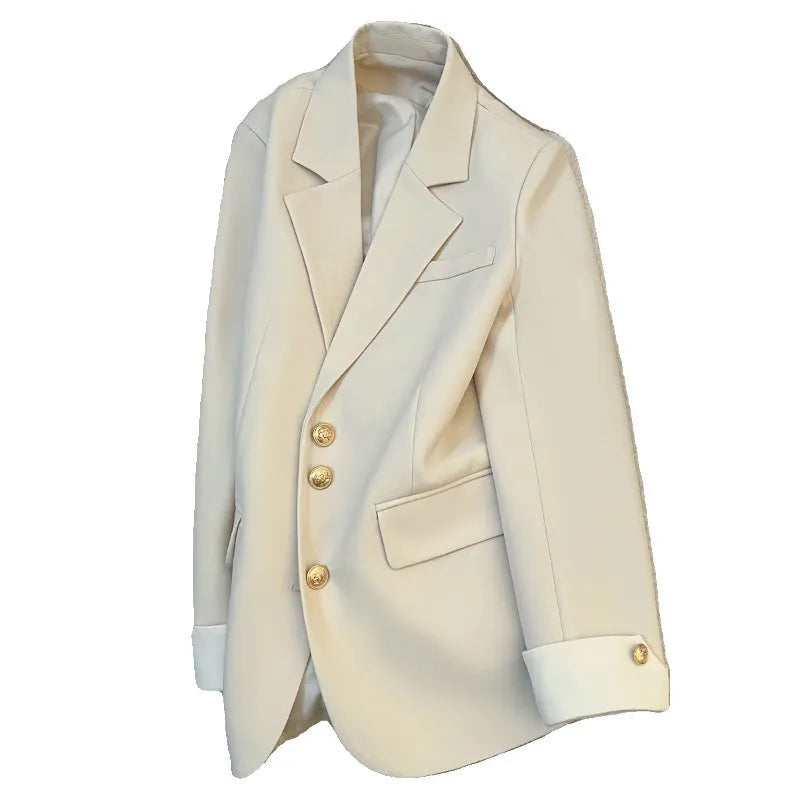 Korean-style loose fit women's coat in milky white with pockets and long sleeves