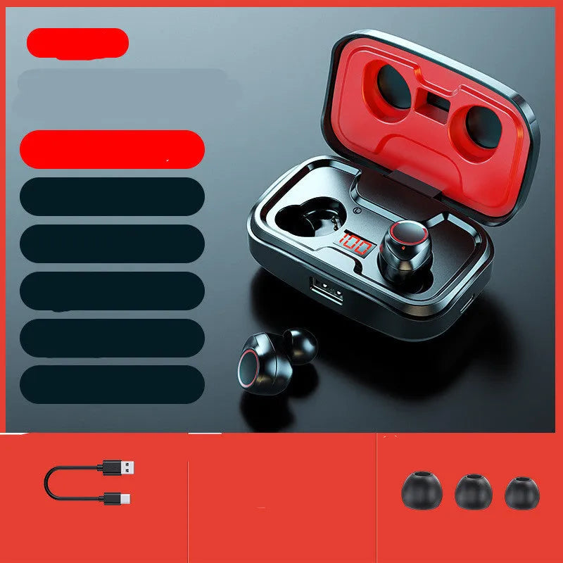 Black wireless in-ear earphones with Bluetooth 5.0 shown alongside red and blue colour variants.