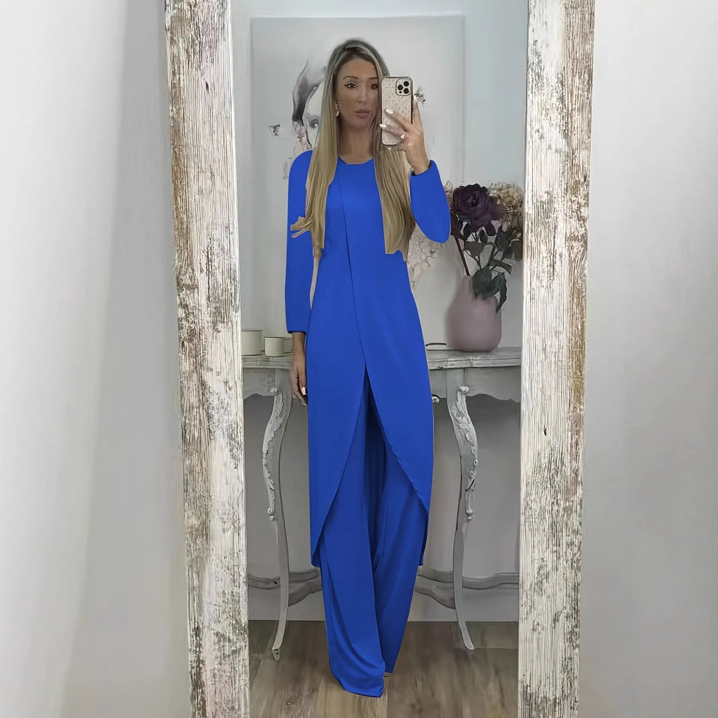 Casual polyester two-piece set showing long sleeve round neck top and matching trousers in black colour