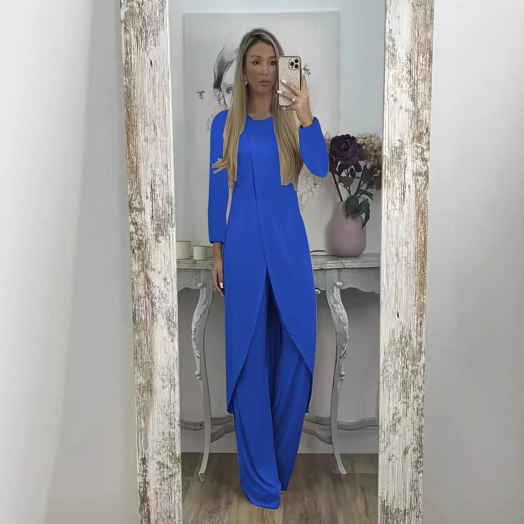 Casual polyester two-piece set showing long sleeve round neck top and matching trousers in black colour