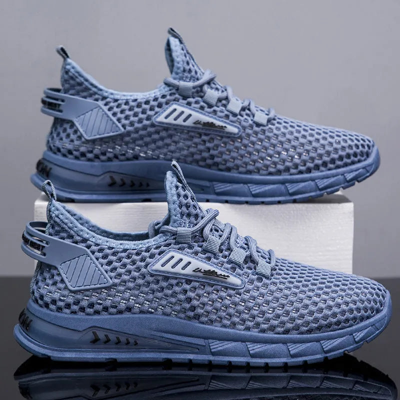 Men's beige mesh-lined sneakers with synthetic leather upper and lace-up front