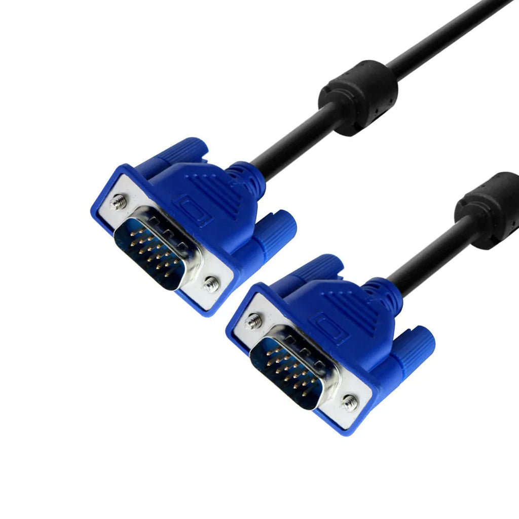 Black VGA video cable with blue connector heads and nickel-plated terminals, length 1.5m