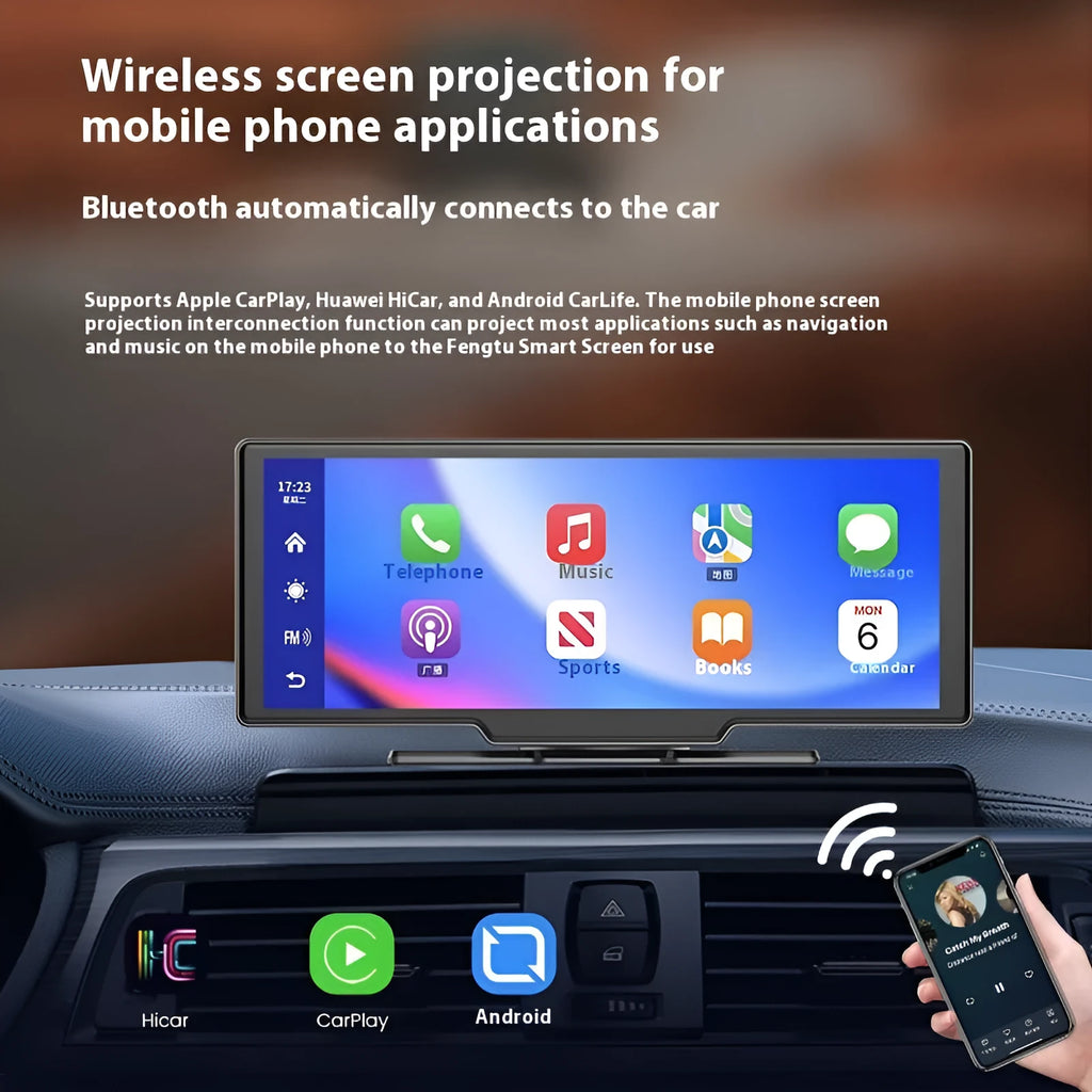 10-inch car smart screen touch display showing Apple CarPlay interface and driving recorder footage