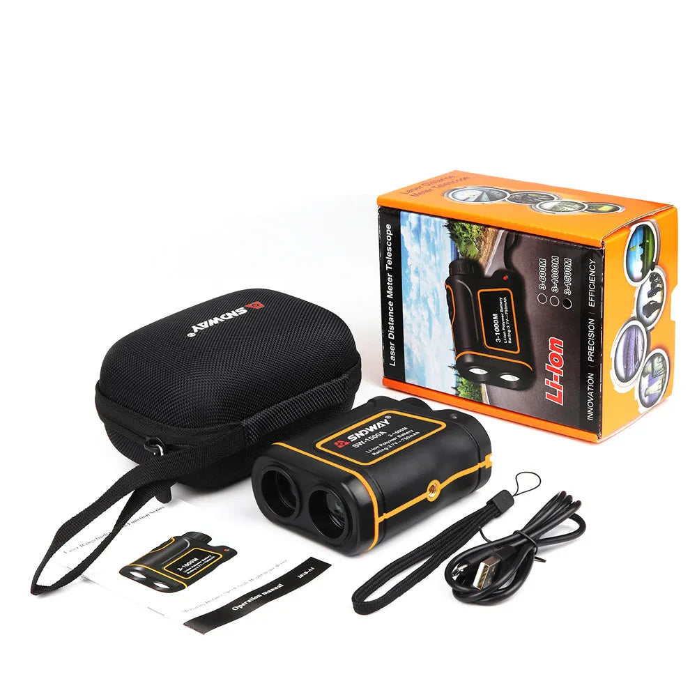 Handheld golf rangefinder measuring 104 x 76.5 x 41 mm with distance measurement display
