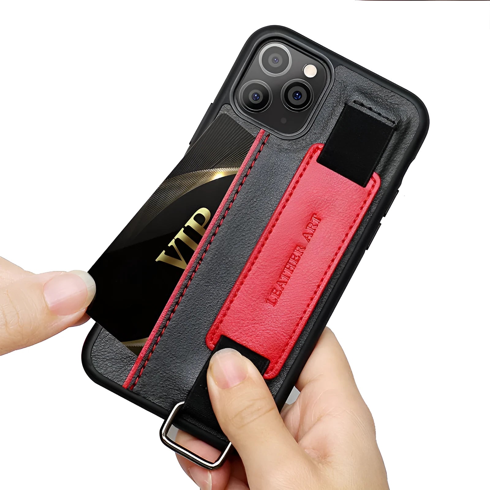 Imitation leather iPhone case with an adjustable wrist strap in brown colour with stitching detail.