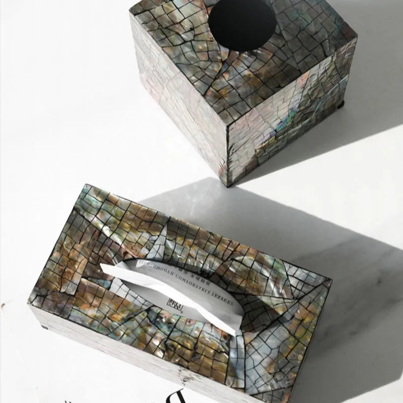Natural shell tissue box with removable organiser in black rectangular and square designs