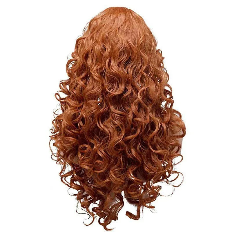 Brown long wavy curly synthetic cosplay wig on a model, showing exotic style.
