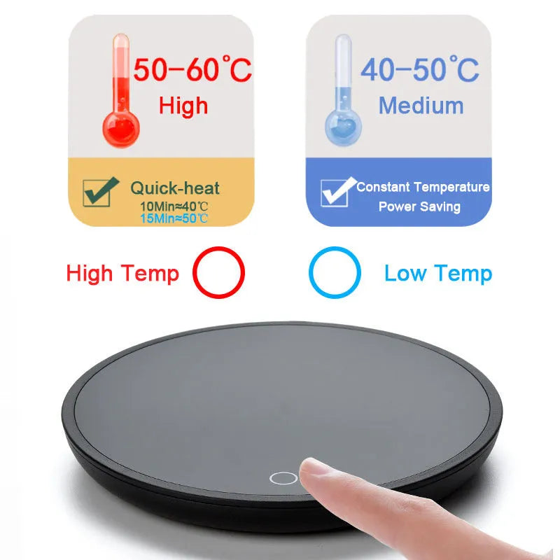 Black circular mug warmer with tempered glass surface and temperature switch
