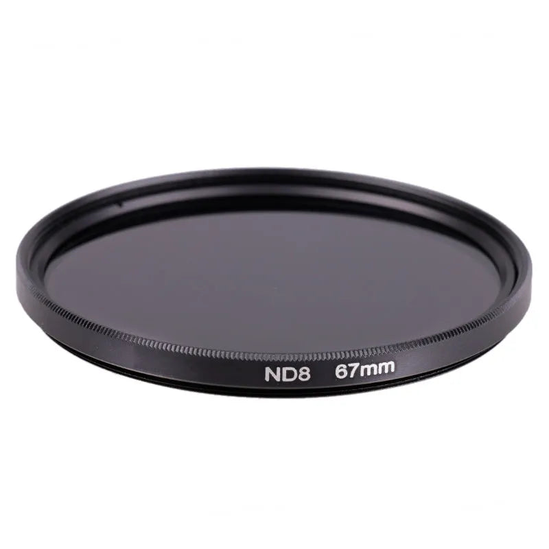 ND8 camera lens filter with silver aviation aluminium frame, showing front and side profile