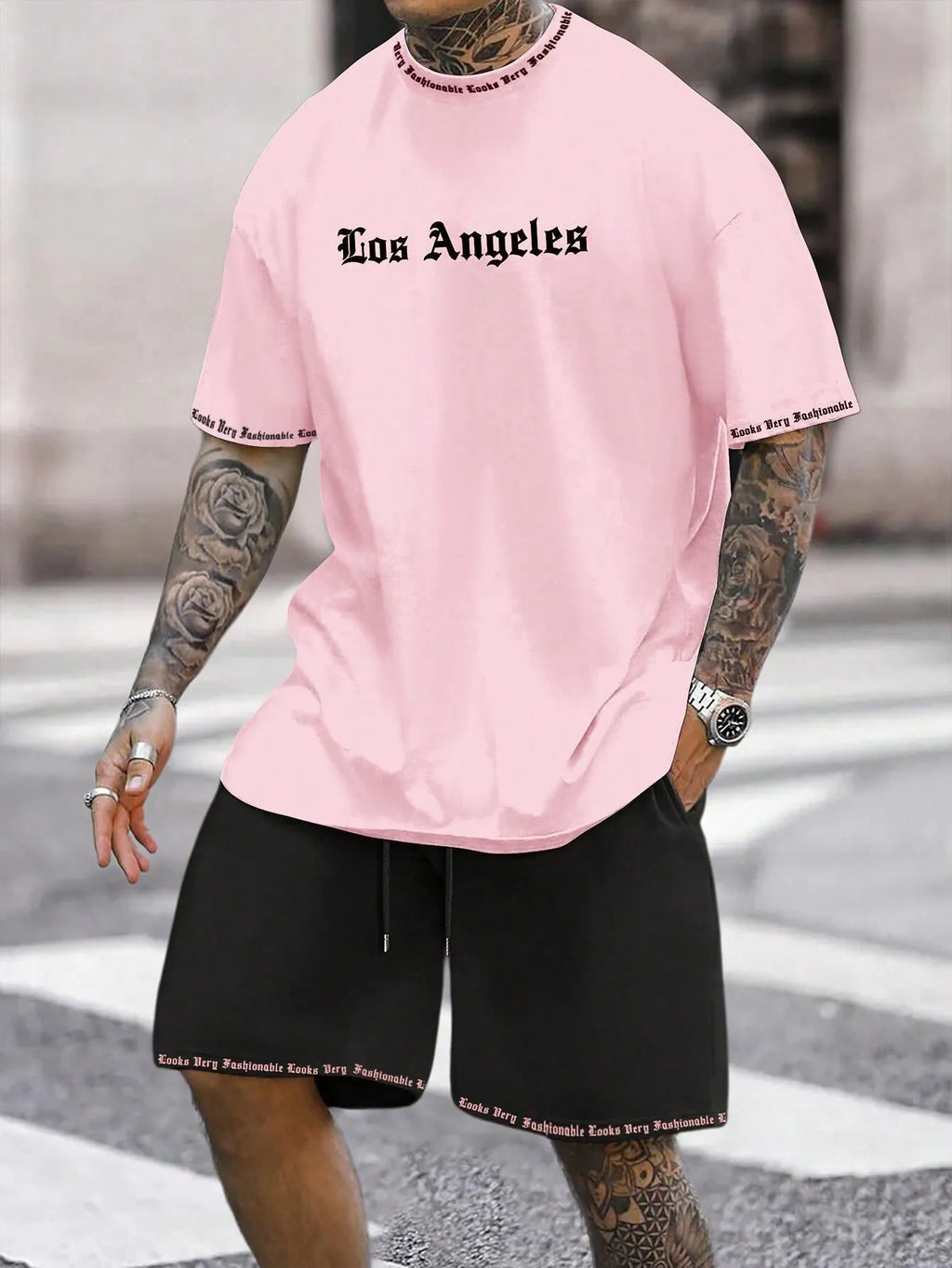 Sports style short sleeve top and shorts set in thin quick-drying fabric, shown in a printed pattern.