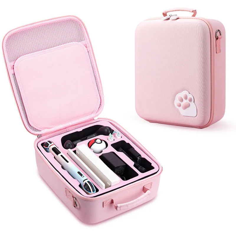 Nintendo Switch cat claw storage bag in pink showing game cartridge slots and shoulder strap