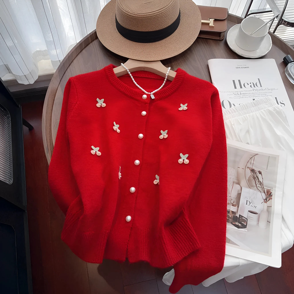 Cashmere cardigan sweater coat with beaded decoration in slim fit French style