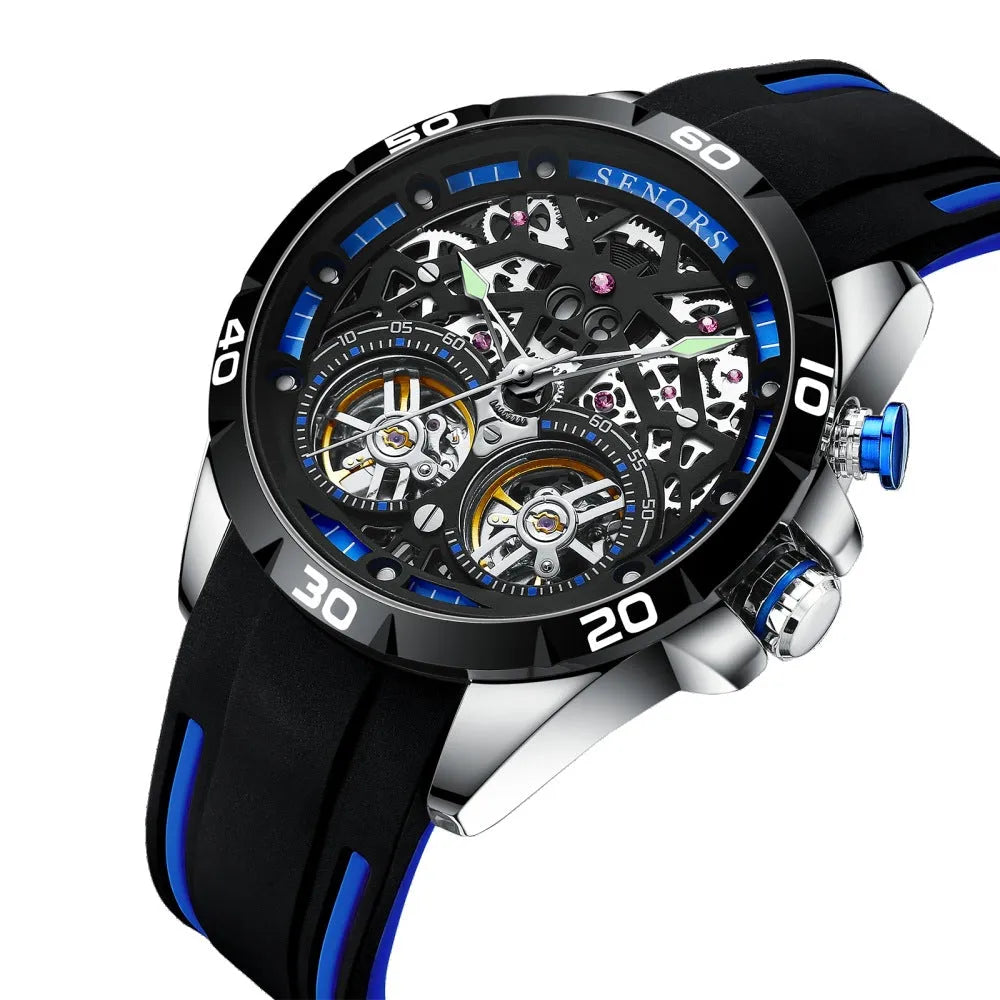 Men's automatic mechanical skeleton watch with luminous hands on a wrist, showing red or blue colour options.