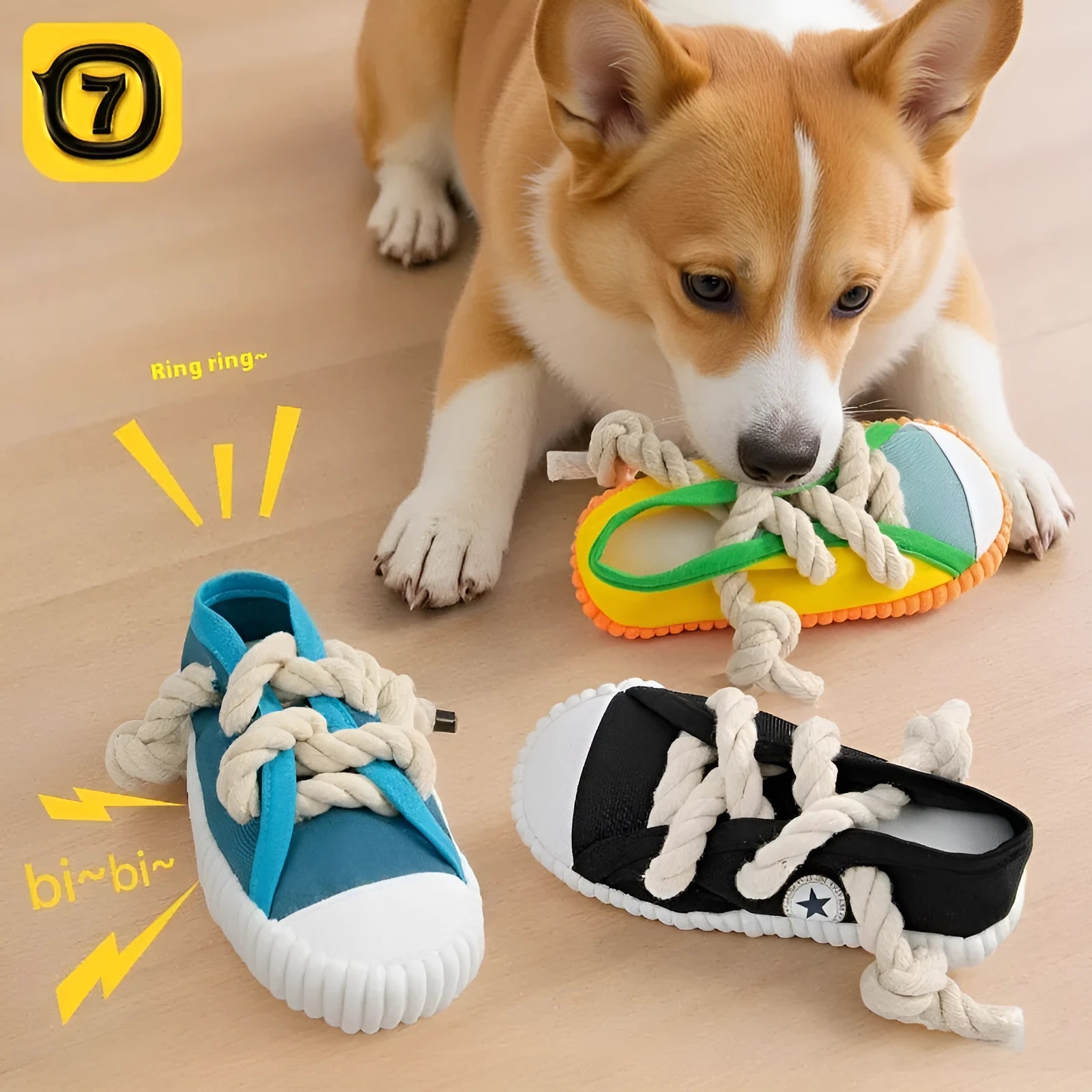 Slipper-shaped plastic dog chew toy in three colours with bends for chewing