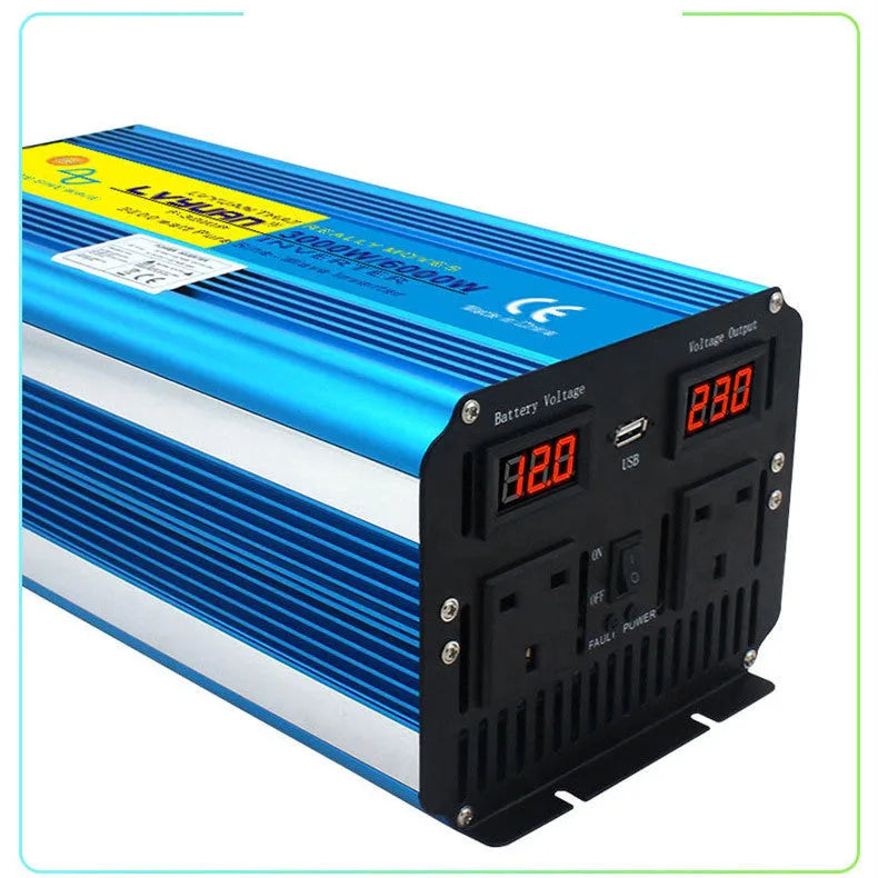 Blue high-power 3000W car pure sine wave inverter with digital display and UK three-pin socket