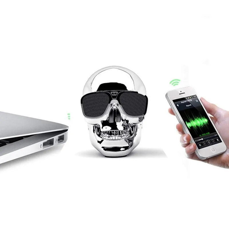 Limited edition Skull-shaped portable Bluetooth speaker in black, showing compact size.