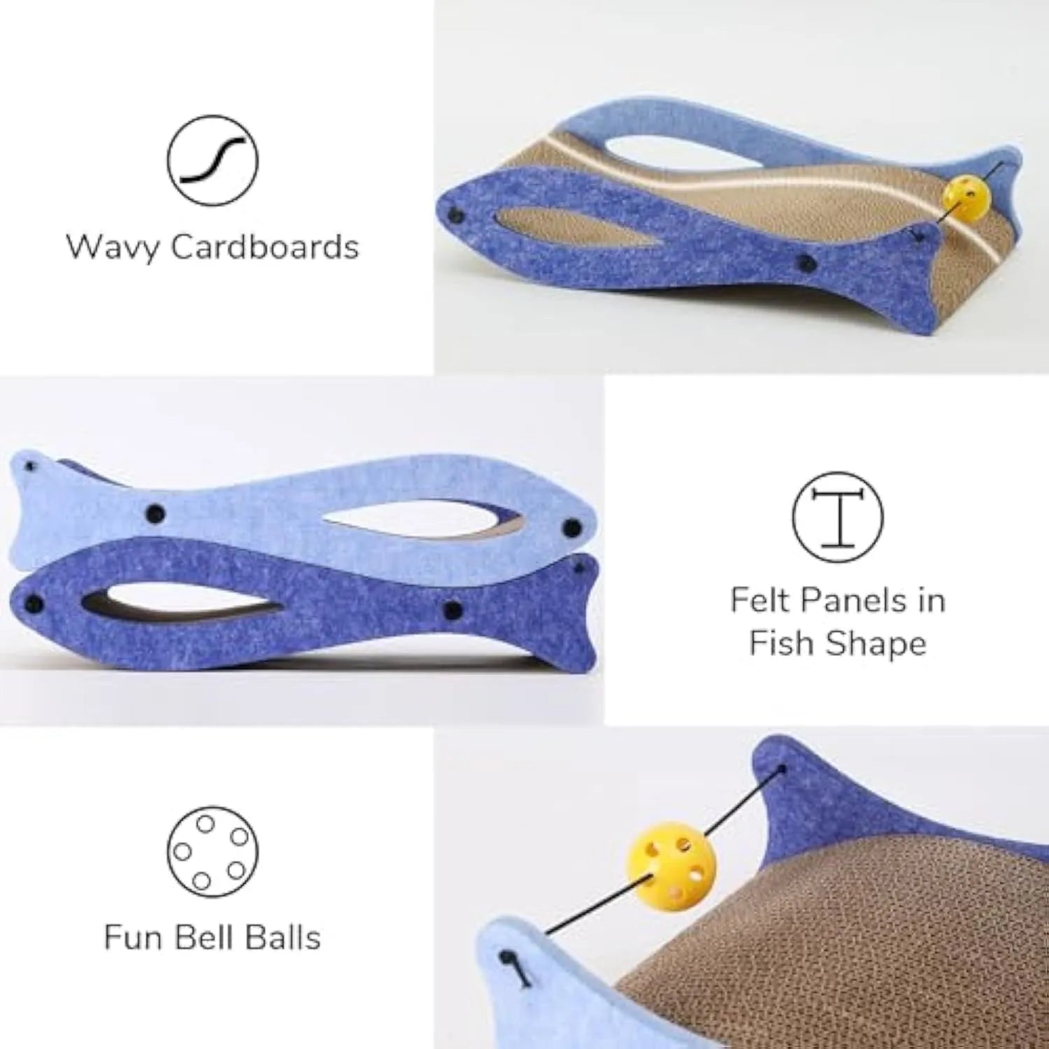 Blue fish-shaped cardboard cat scratcher pad with bell ball toys for indoor furniture protection