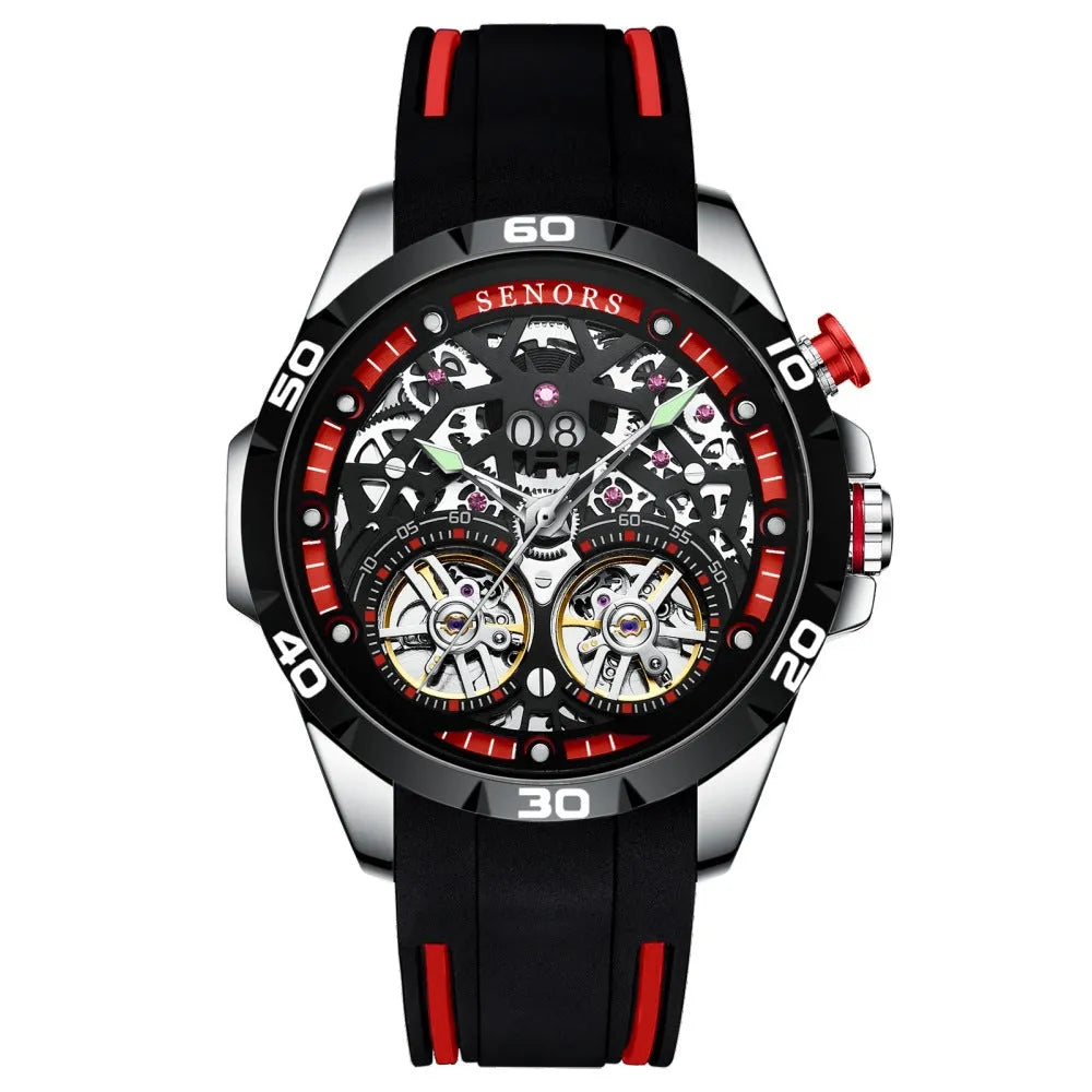 Men's automatic mechanical skeleton watch with luminous hands on a wrist, showing red or blue colour options.