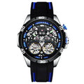 Men's automatic mechanical skeleton watch with luminous hands on a wrist, showing red or blue colour options.