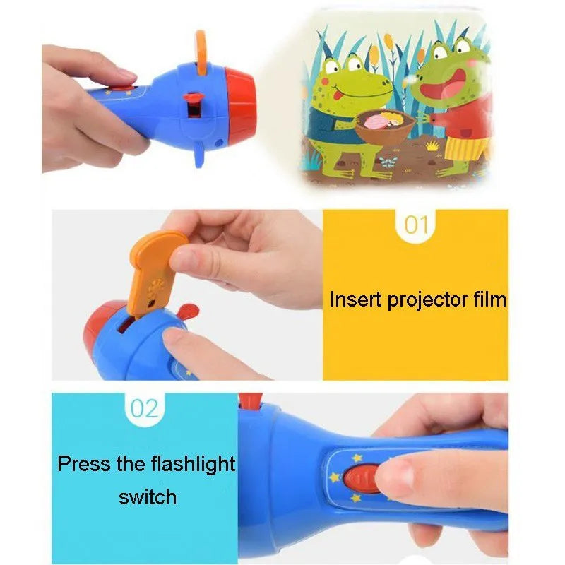 SmartKids children's storybook projector torch with four rotating fairy tale discs projecting images on wall