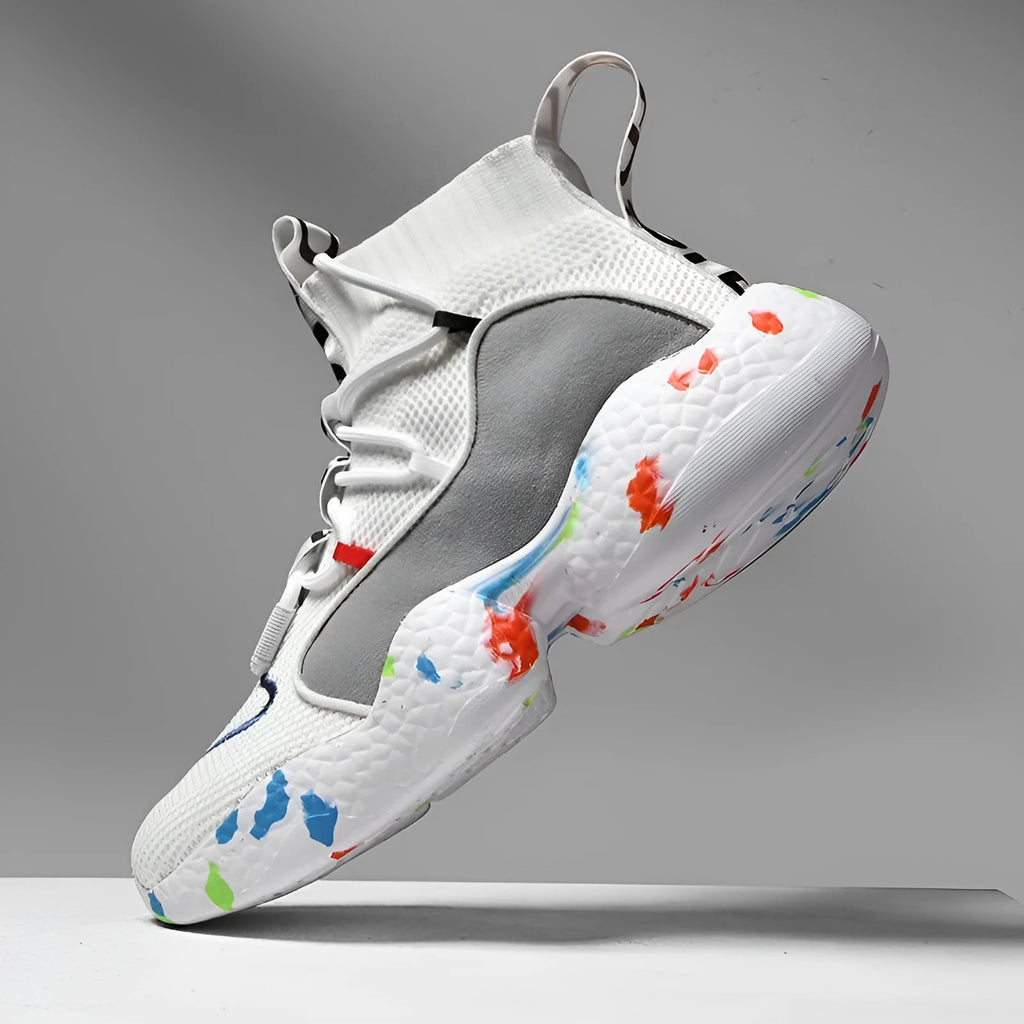 Men's camouflage vulcanize sneakers with mesh upper and striped pattern for casual running.