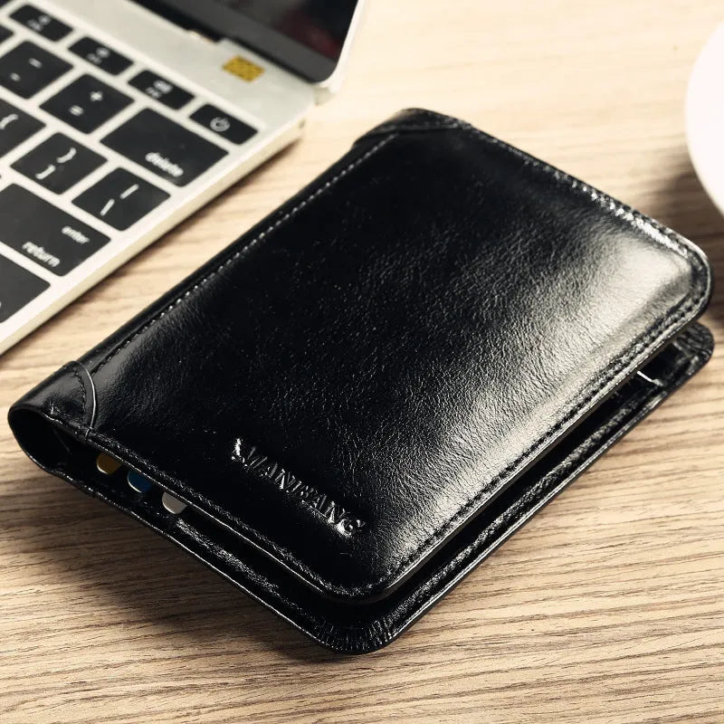 Men's brown leather bifold wallet open to show internal card slots, coin pocket, and photo holder.