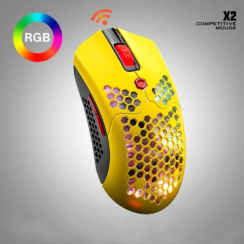 Free Wolf X2 wireless gaming mouse showing RGB lighting and ambidextrous symmetrical design