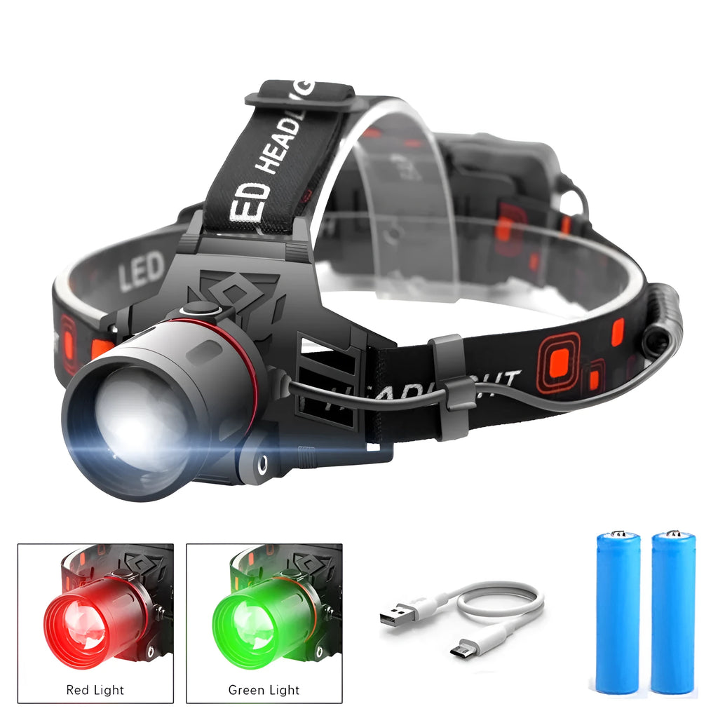 T6 LED headlamp showing white red green light modes with zoomable lens and USB charger