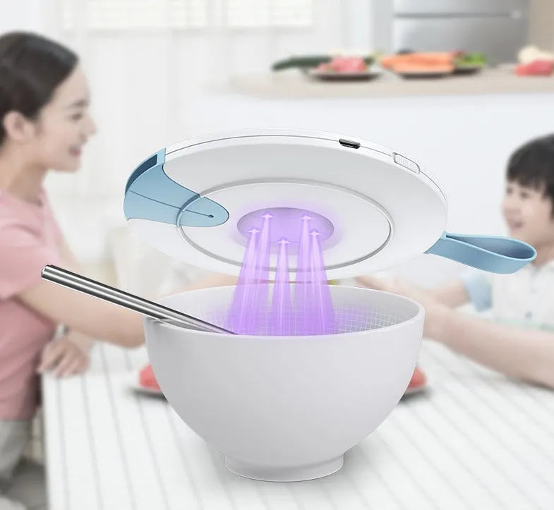 Blue portable UV-C baby bottle steriliser with USB charging cable