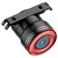 Black USB rechargeable smart brake sensing bicycle taillight with aluminium housing showing multiple LED modes