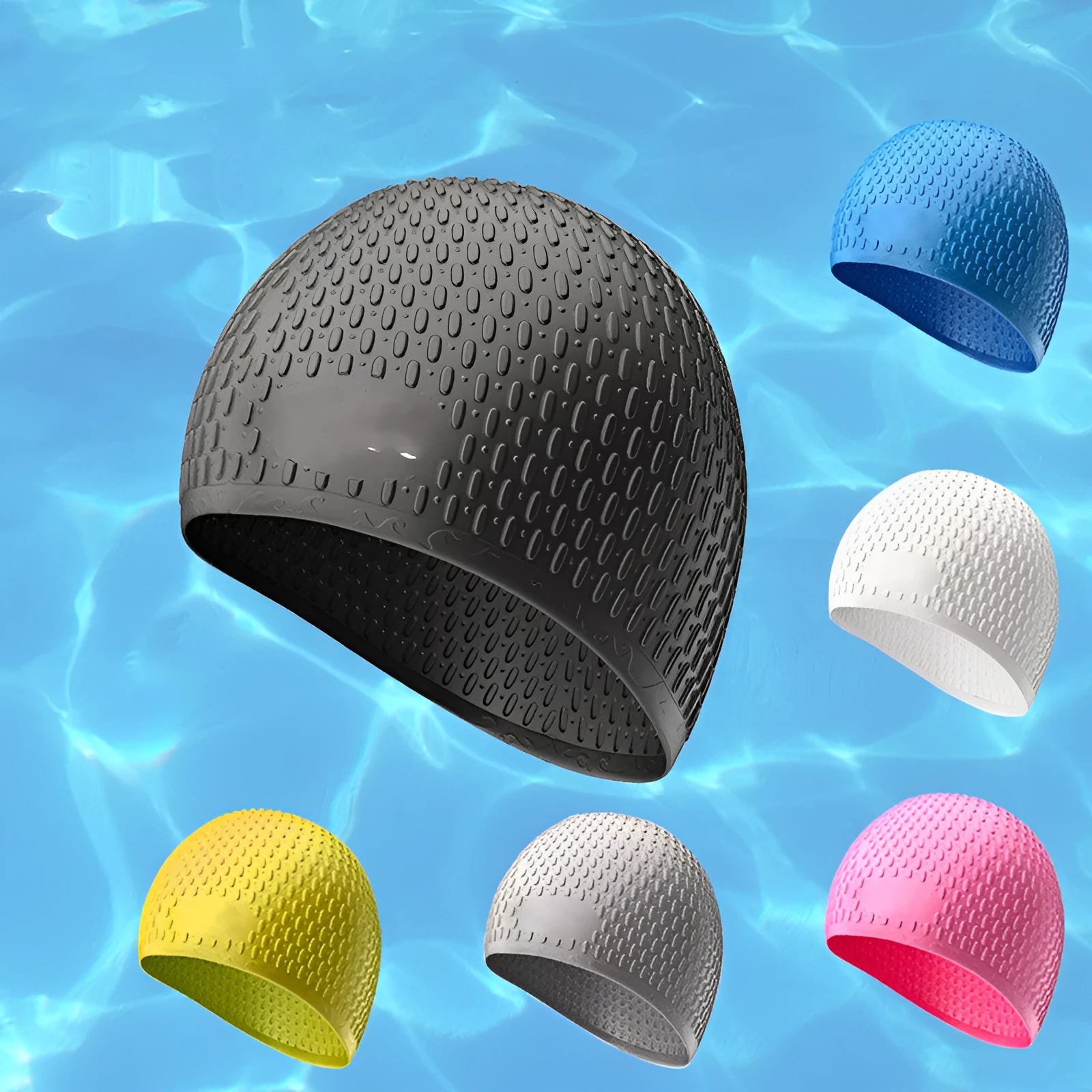 Silicone swimming cap with water drop texture in various colours for adults.