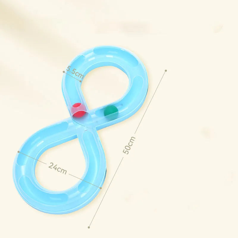 Blue and white cat turntable toy with rotating track ball and teasing stick for feline play