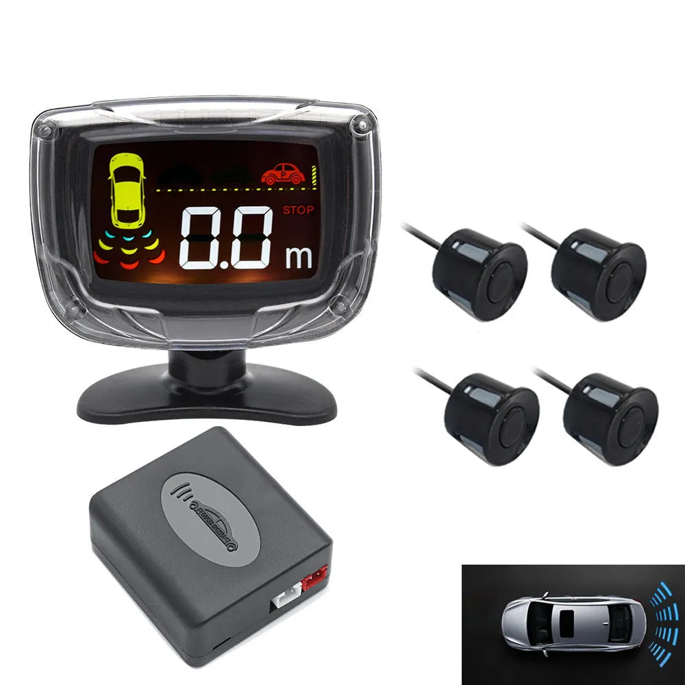 Wireless vehicle reversing sensor kit with digital display, four probes, and installation tools