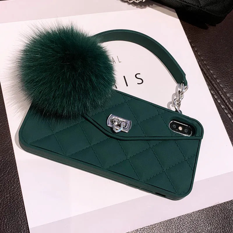 Plush textured hairball grid pattern iPhone back cover case in dark green, black, or ash.