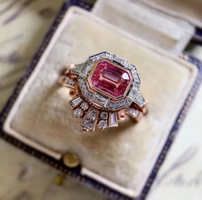 Rose gold women's retro ring with ruby accent on geometric alloy band