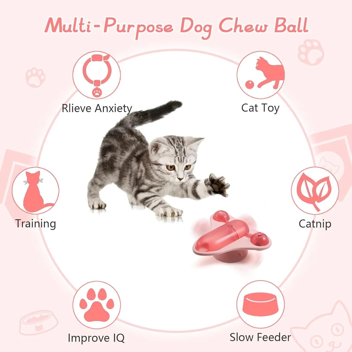 Interactive pet puzzle toy with blue base, a central snack cabin, a bell, and catnip attached. Shows suction cups on bottom.