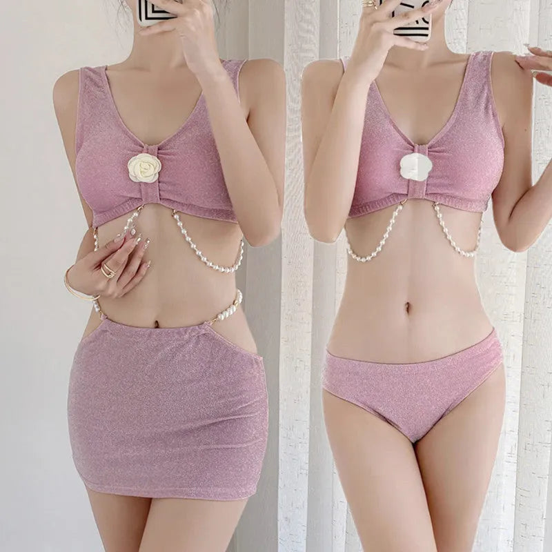 Bear Vacation pink and black three-piece polyester bikini set for women.