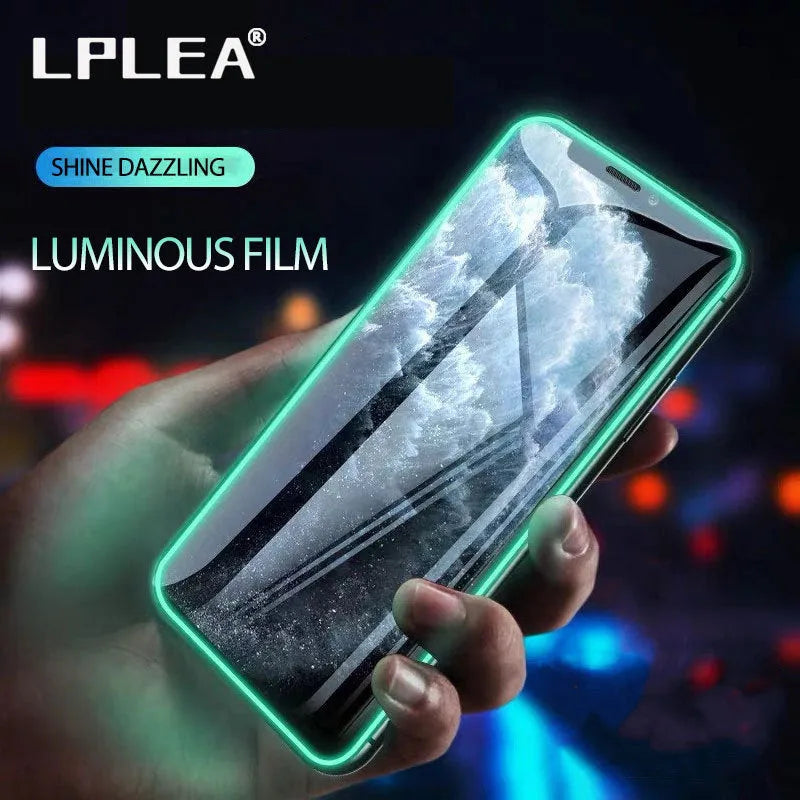 Luminous tempered glass screen protector for iPhone glowing in dark with full coverage design