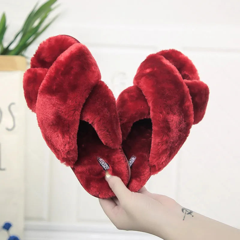 Women's cross open-toe fur slippers in multiple colours on a non-slip patterned sole.