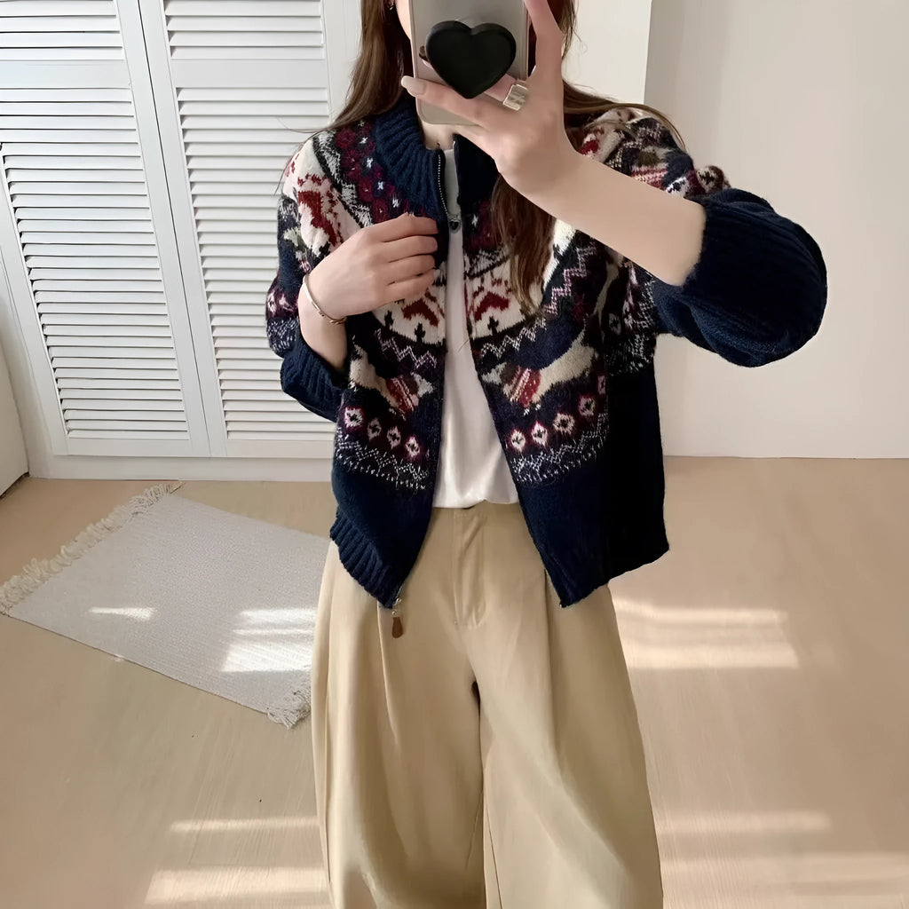 Ethnic style jacquard pullover sweater with 3D pattern in loose fit free size