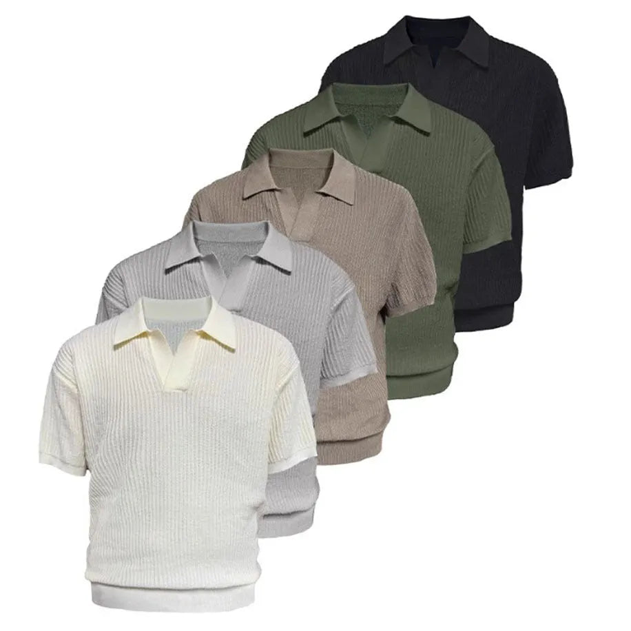 Men's striped collar polo shirt in ice silk fabric available in creamy white, black, and grey colours