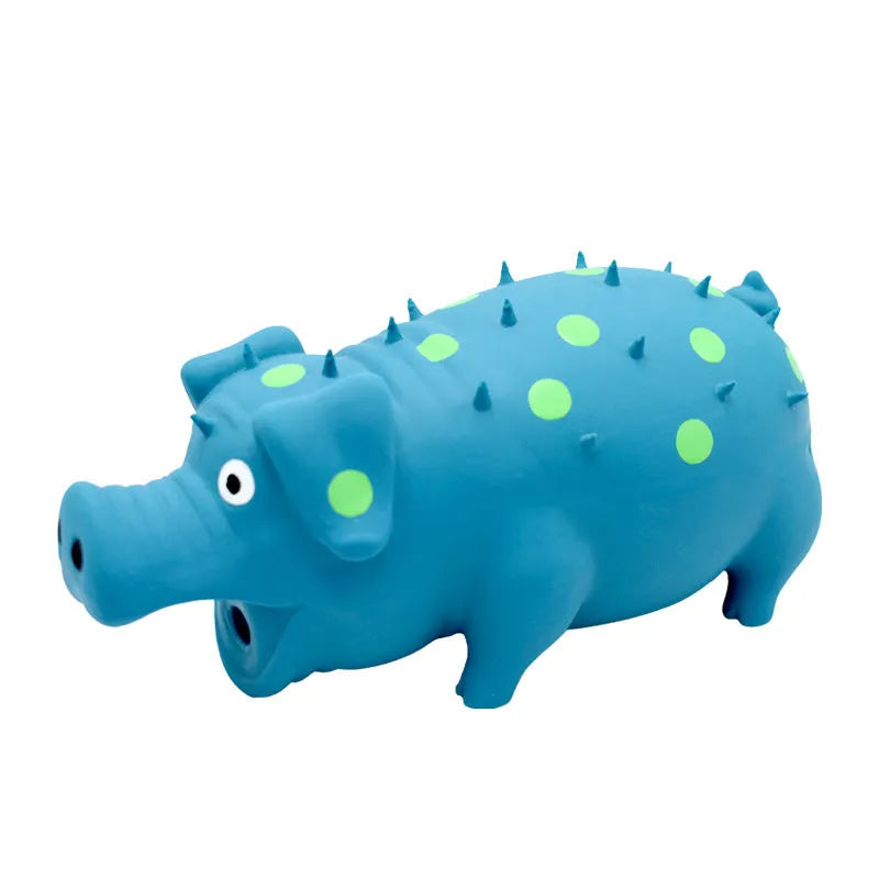 Blue latex pig-shaped dog chew toy with textured surface and squeaky function