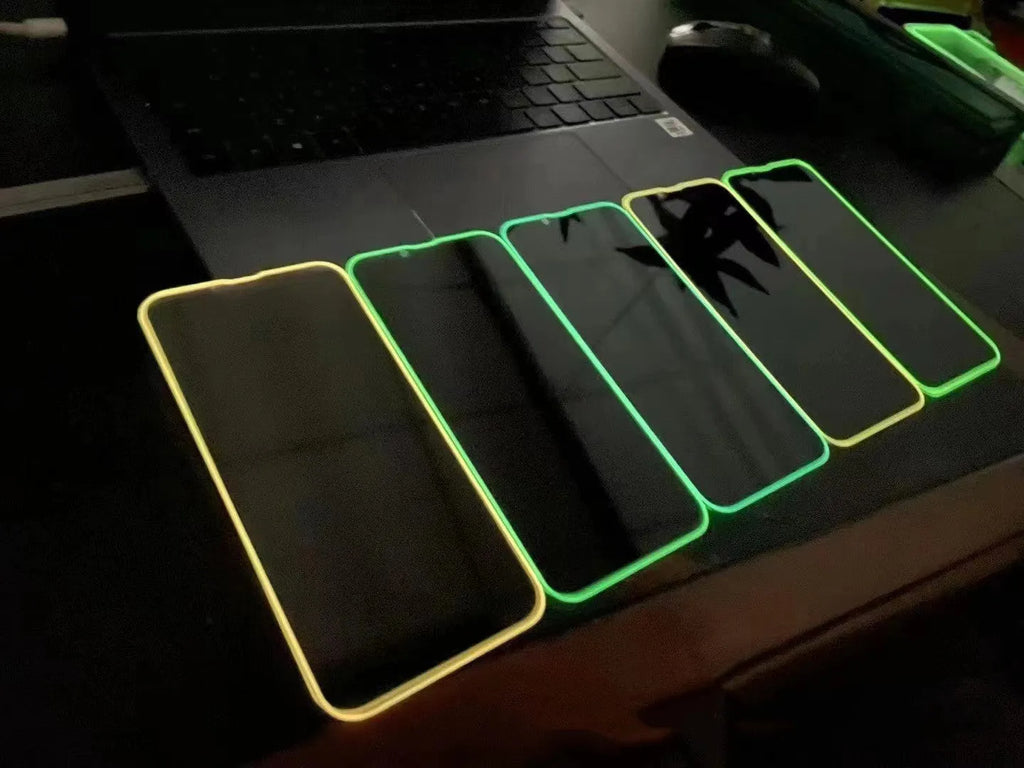 Fluorescent tempered glass screen protector for iPhone in luminous pink, yellow, green, blue and grass green colours