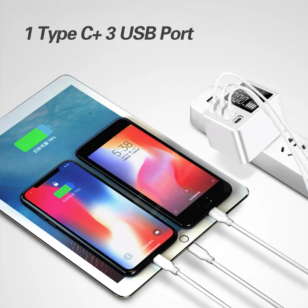 White 4-port USB travel charger with LED display, showing UK plug model