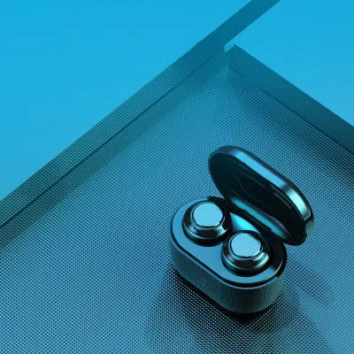 Black bilateral earplug-style stereo Bluetooth headset with Bluetooth 5.0 and NFC.