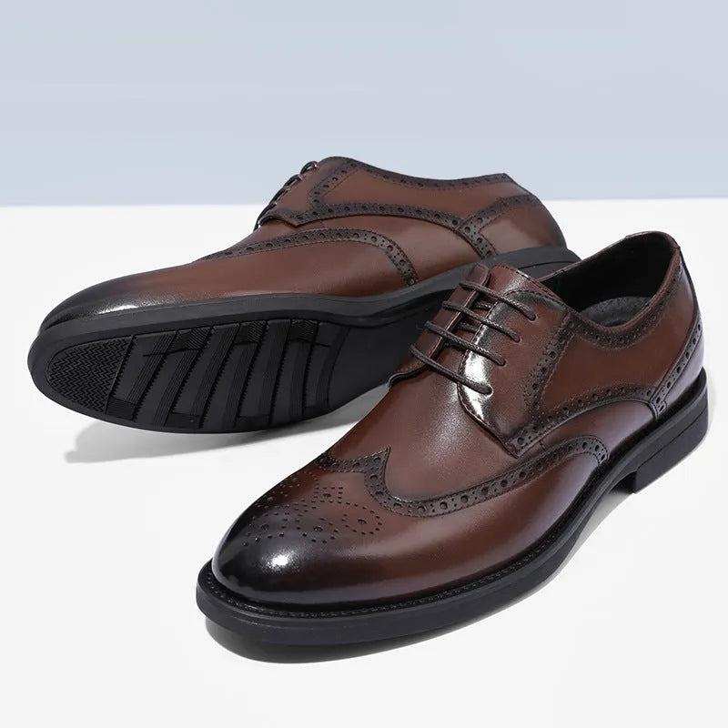 Men's black and brown business brogue leather shoes with traditional wingtip design