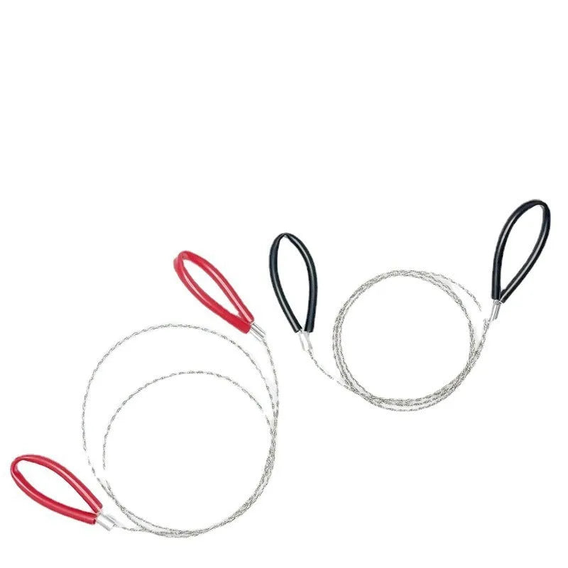 German stainless steel survival wire saw with leather hand case, showing black and red colour options.